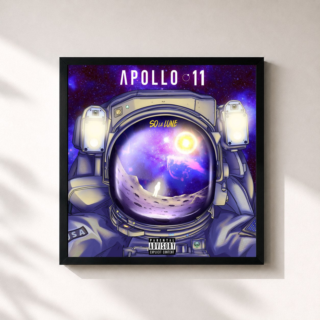 #noir Tableau carré de l'album Apollo 11 de So La Lune, cadre noir 32x32 cm