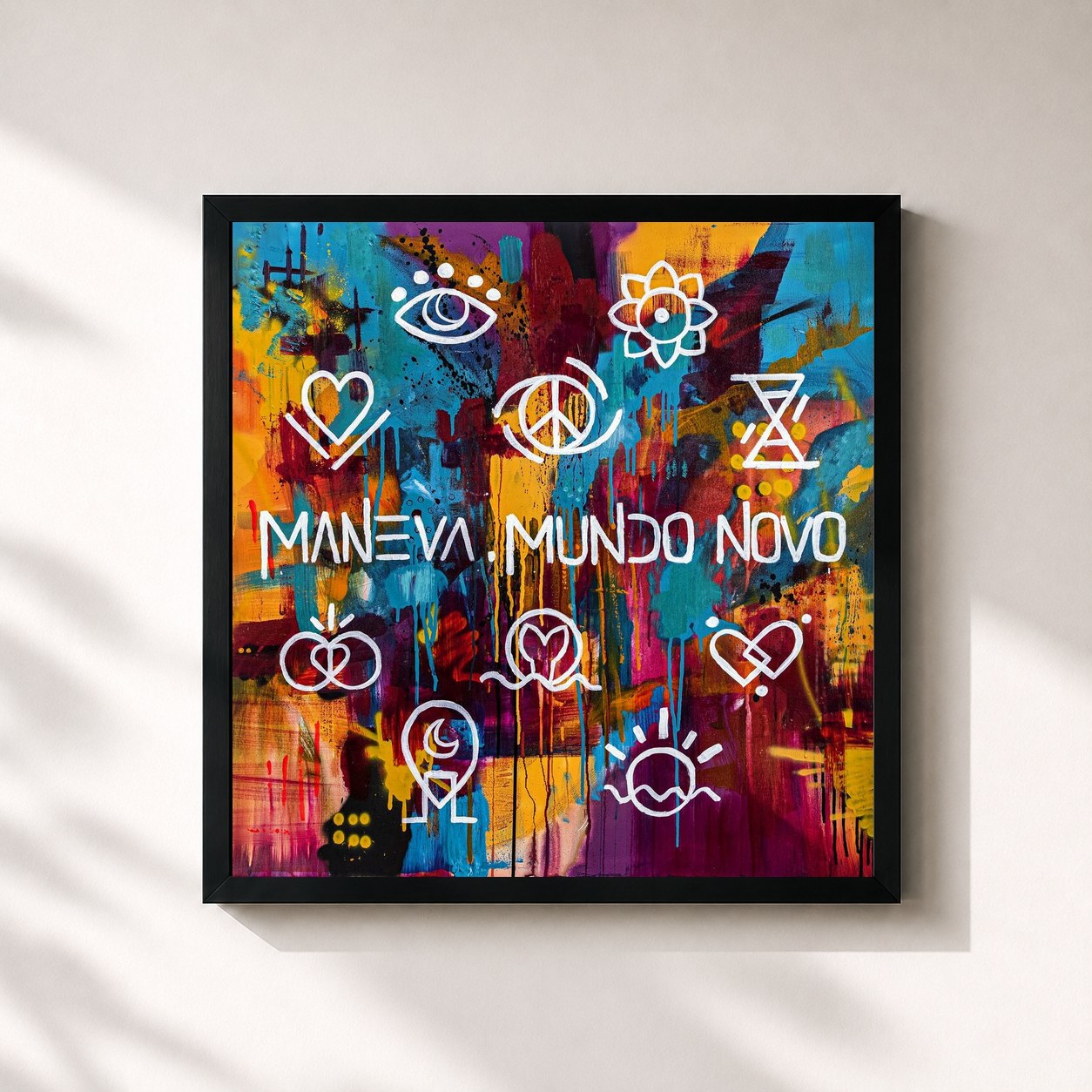 #noir Tableau carré de l'album Mundo Novo de Maneva, cadre noir 32x32 cm