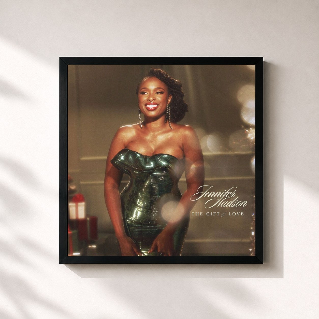 #noir Tableau carré de l'album The Gift Of Love de Jennifer Hudson, cadre noir 32x32 cm