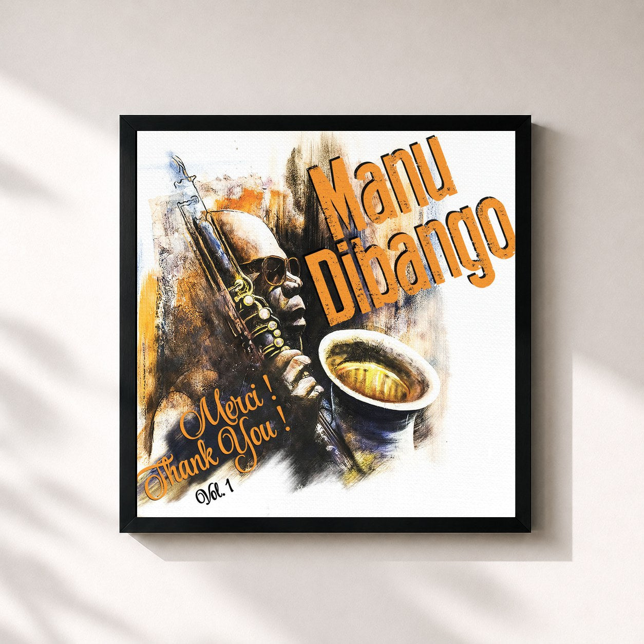 #noir Tableau carré de l'album Merci ! Thank You !, Vol. 1 de Manu Dibango, cadre noir 32x32 cm