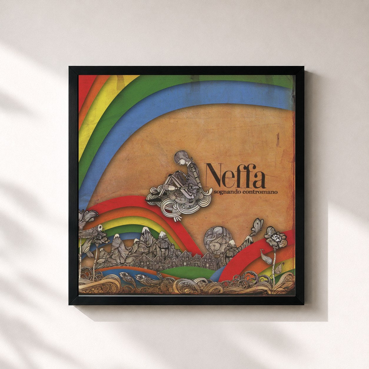 #noir Tableau carré de l'album Sognando Contromano de Neffa, cadre noir 32x32 cm