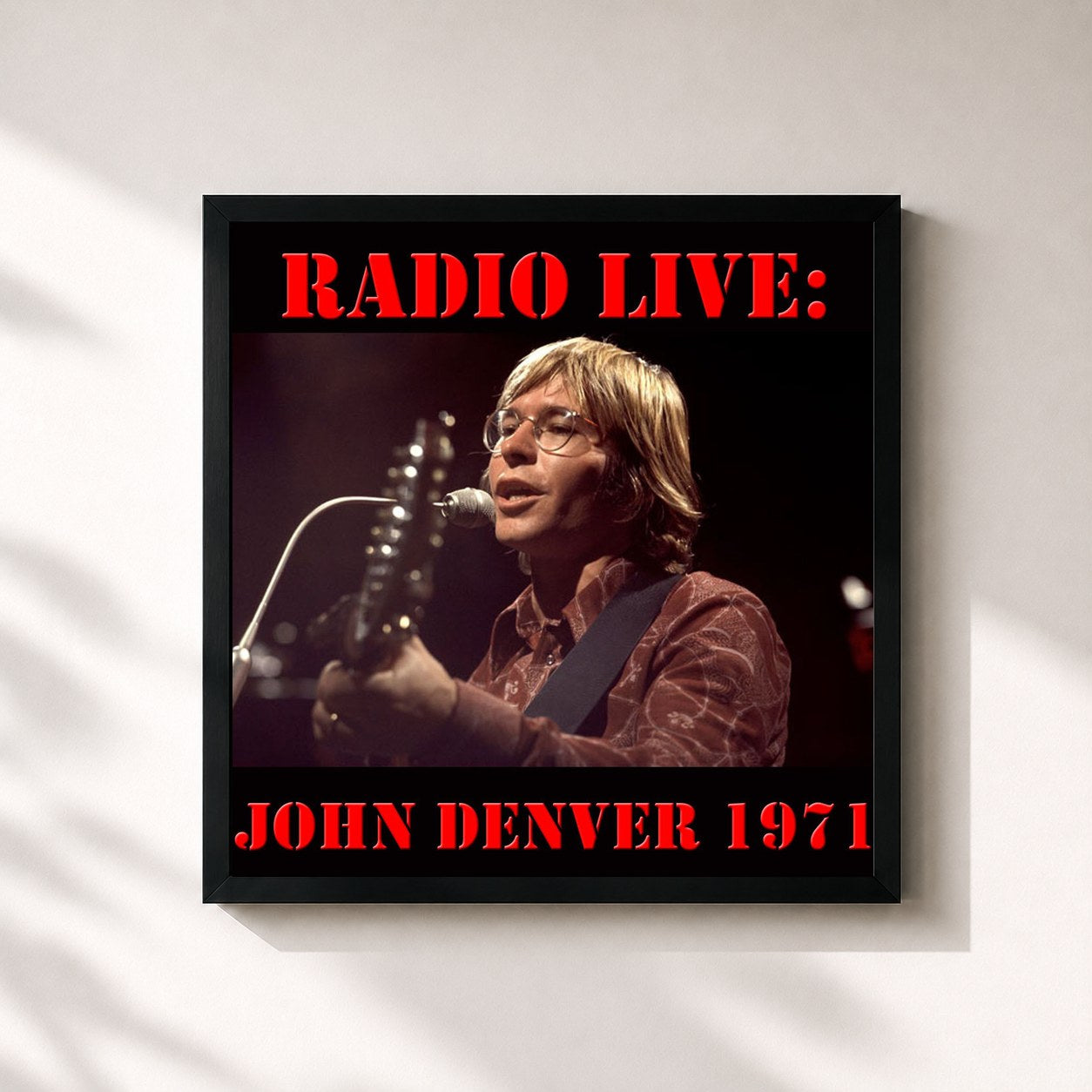 #noir Tableau carré de l'album John Denver (John Denver Songbook) de John Denver, cadre noir 32x32 cm