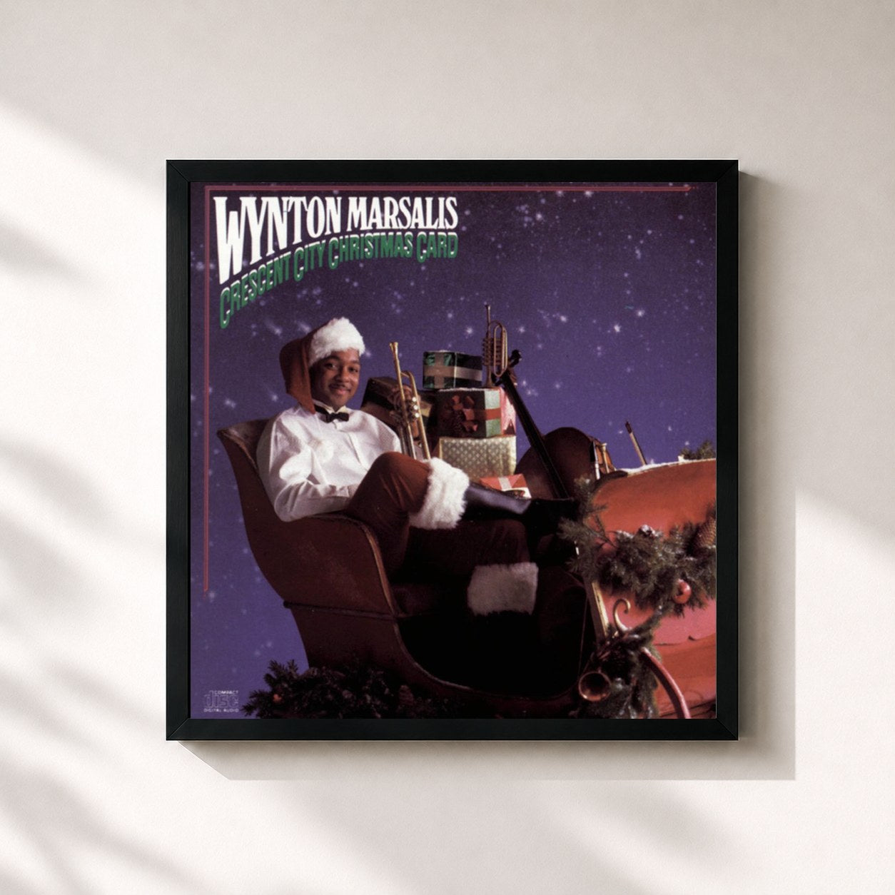 #noir Tableau carré de l'album Crescent City Christmas Card de Wynton Marsalis, cadre noir 32x32 cm
