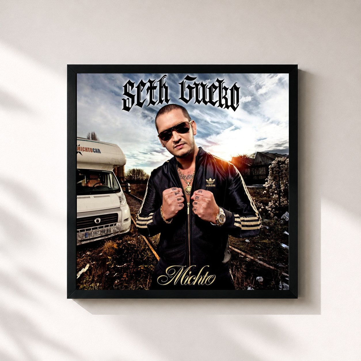 #noir Tableau carré de l'album Michto de Seth Gueko, cadre noir 32x32 cm