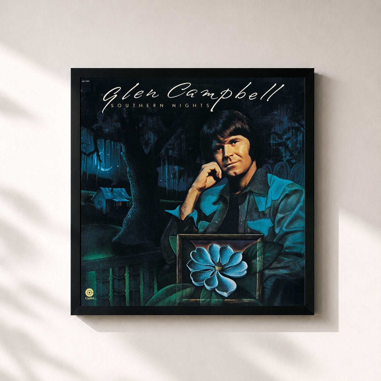 #noir Tableau carré de l'album Southern Nights de Glen Campbell, cadre noir 32x32 cm