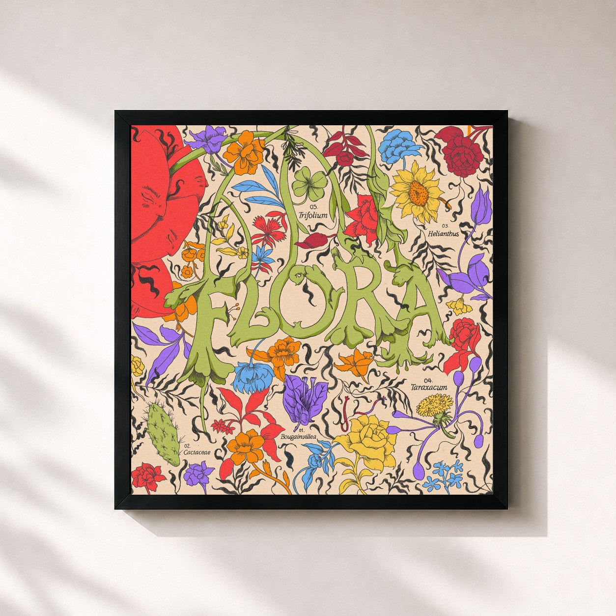 #noir Tableau carré de l'album FLORA de Nasa Histoires, cadre noir 32x32 cm