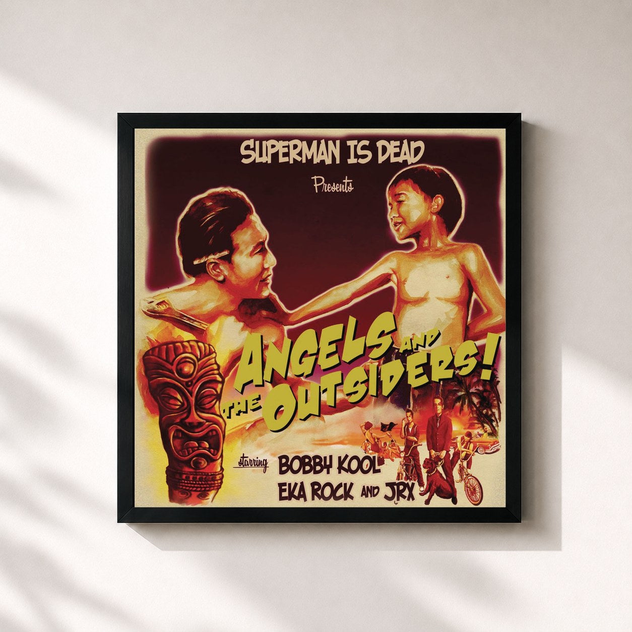 #noir Tableau carré de l'album Angels And The Outsiders de Superman Is Dead, cadre noir 32x32 cm