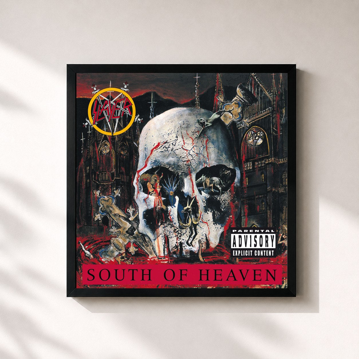 #noir Tableau carré de l'album South Of Heaven de Slayer, cadre noir 32x32 cm