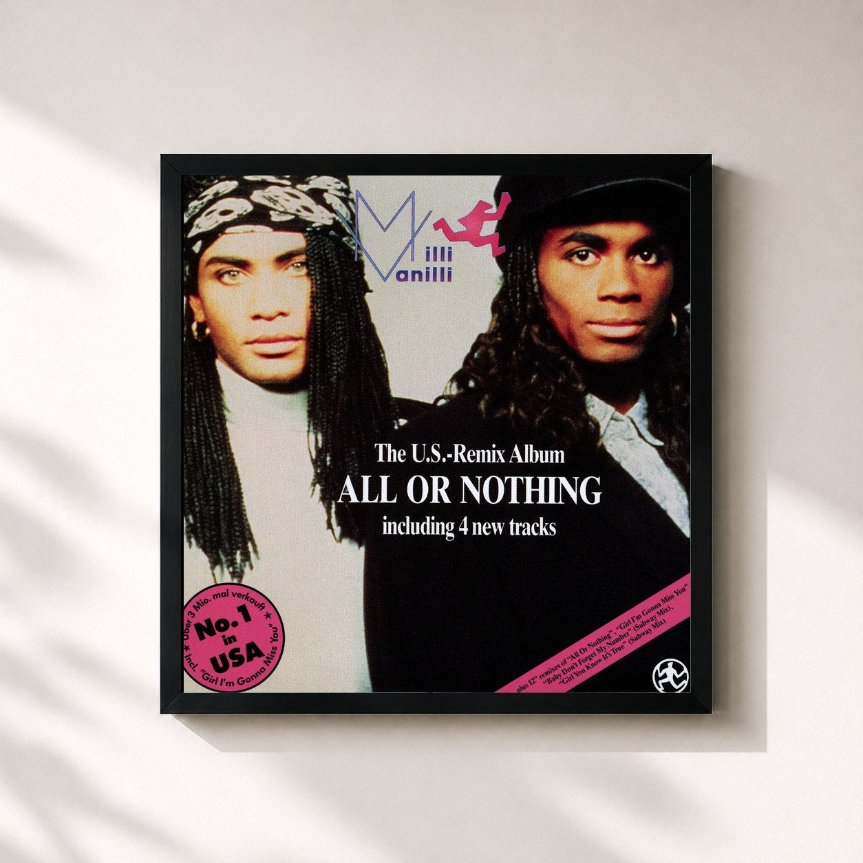 #noir Tableau carré de l'album All Or Nothing US Remix Album de Milli Vanilli, cadre noir 32x32 cm