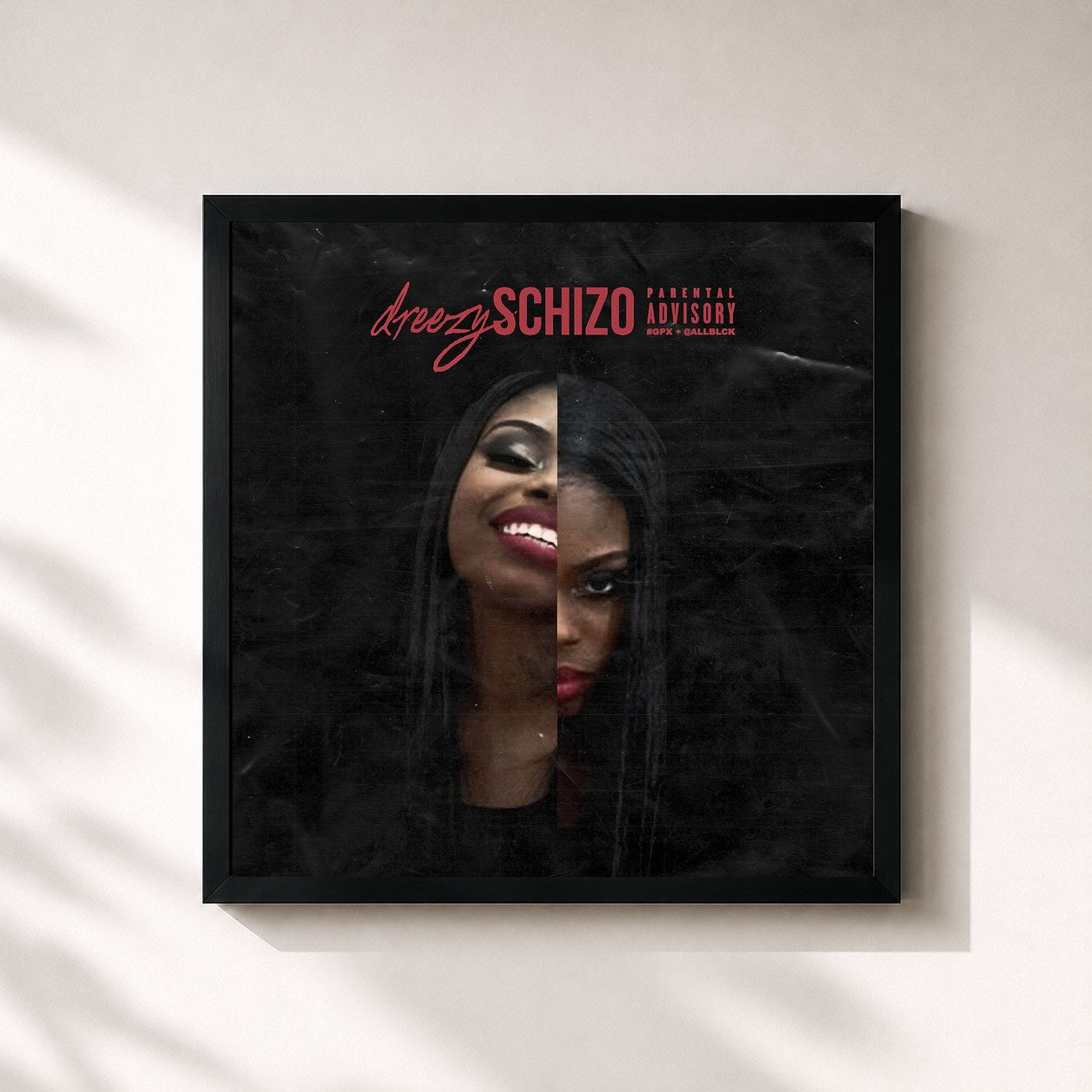 #noir Tableau carré de l'album Schizo de Dreezy, cadre noir 32x32 cm