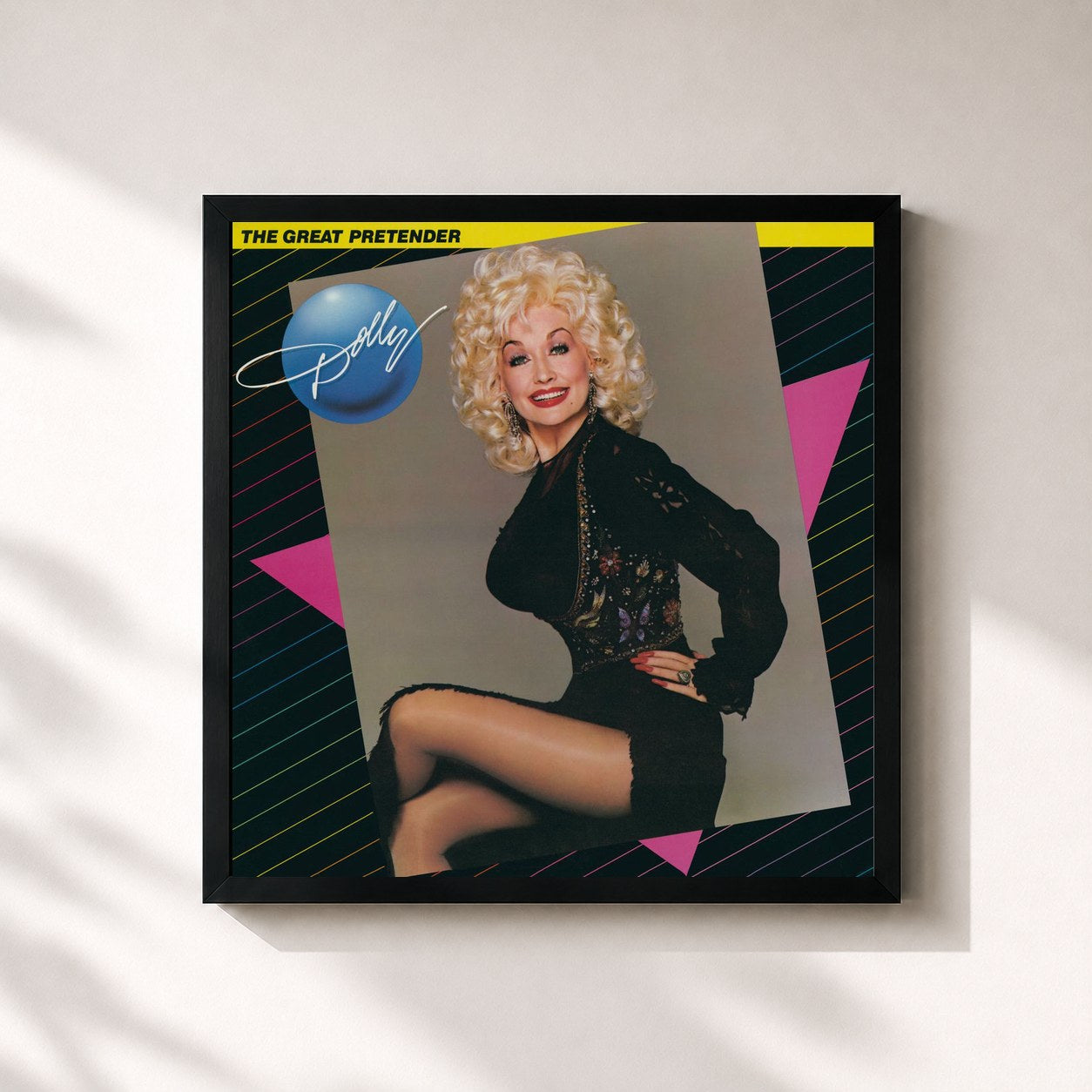 #noir Tableau carré de l'album The Great Pretender de Dolly Parton, cadre noir 32x32 cm