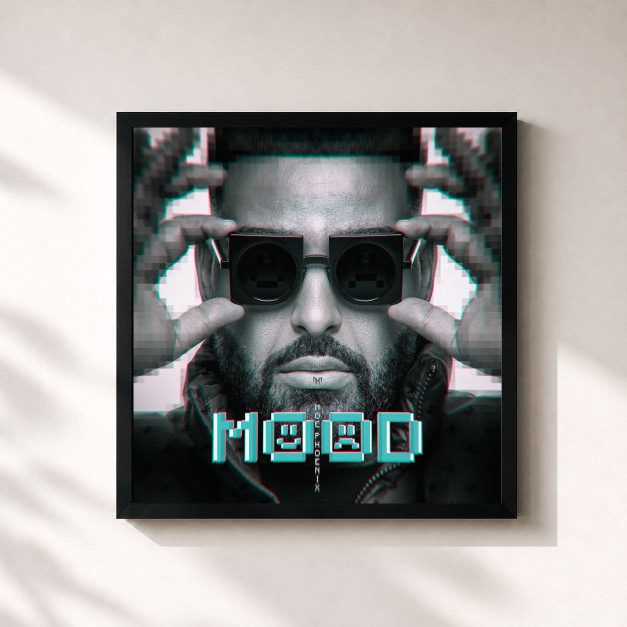 #noir Tableau carré de l'album MOOD de Moe Phoenix, cadre noir 32x32 cm