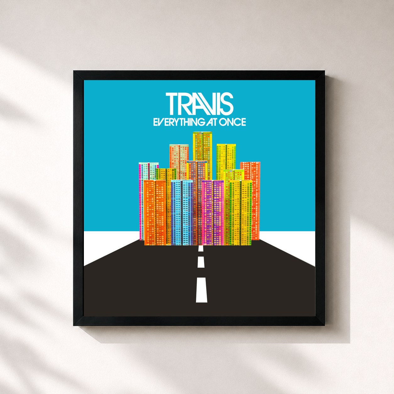 #noir Tableau carré de l'album Everything At Once de Travis, cadre noir 32x32 cm