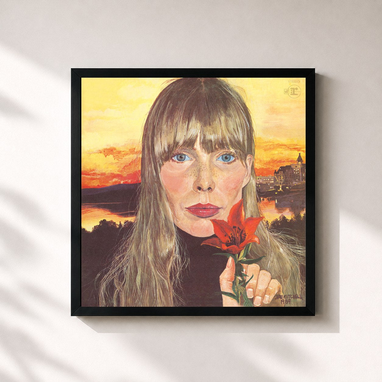 #noir Tableau carré de l'album Clouds de Joni Mitchell, cadre noir 32x32 cm
