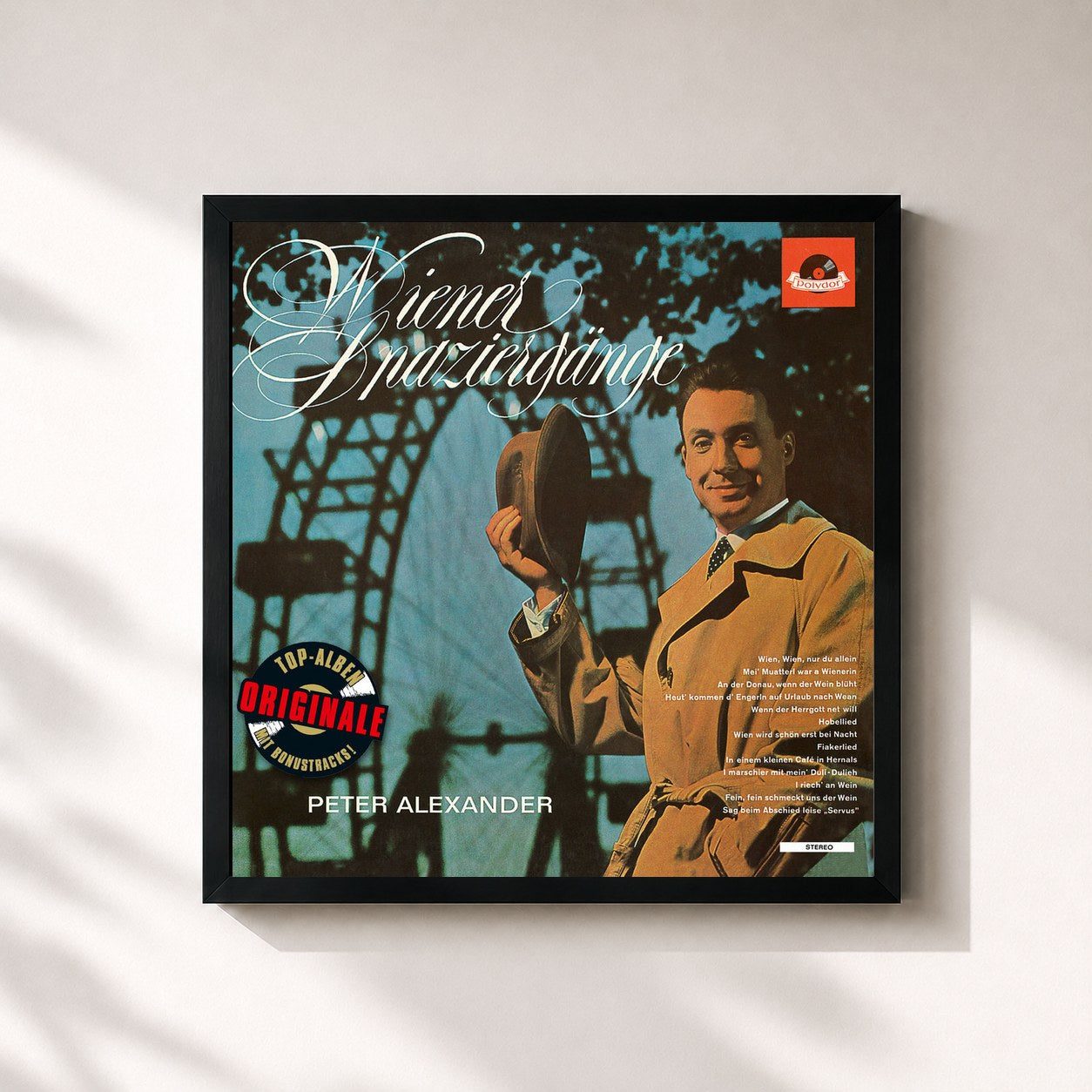 #noir Tableau carré de l'album Wiener Spaziergänge (Originale) de Peter Alexander, cadre noir 32x32 cm