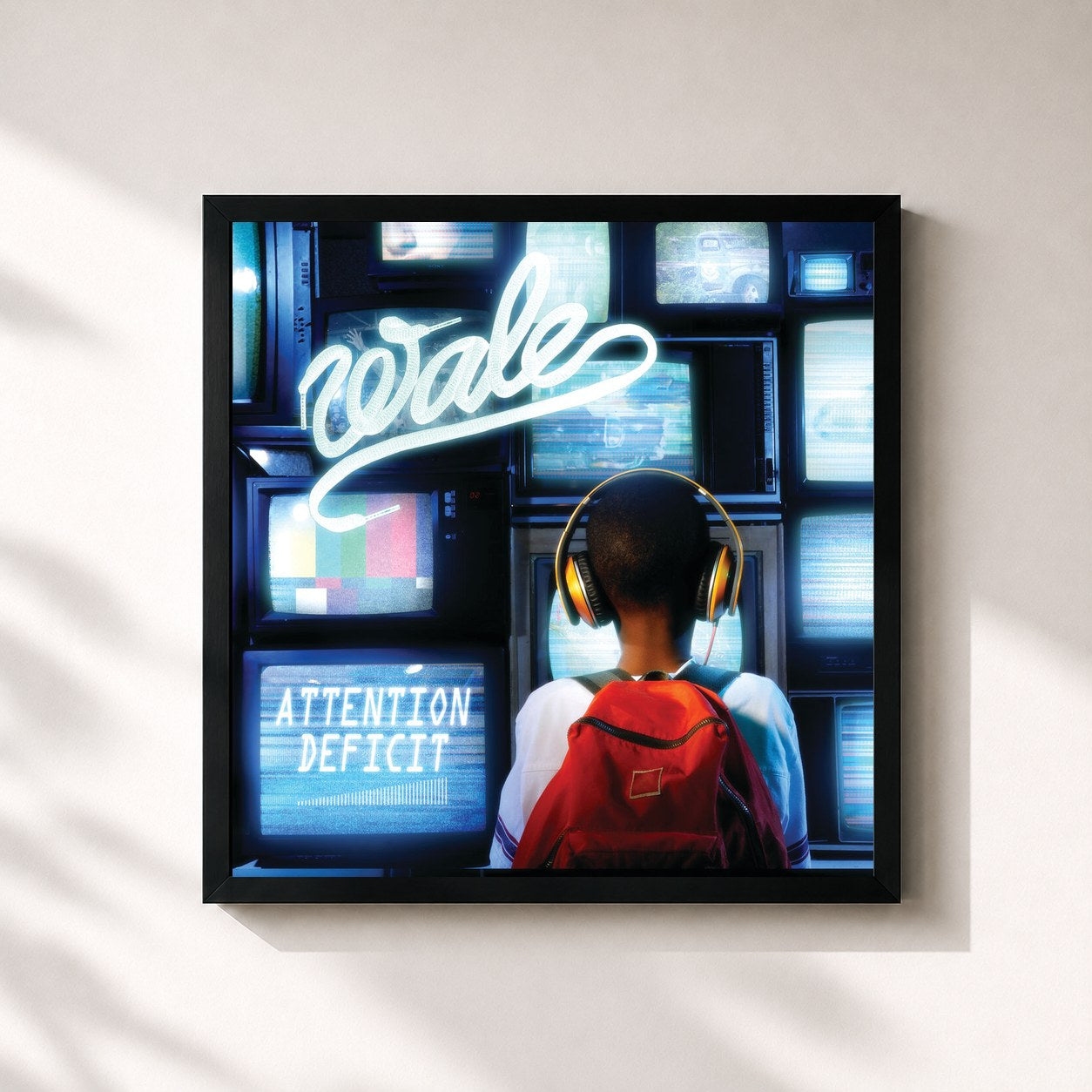 #noir Tableau carré de l'album Attention Deficit de Wale, cadre noir 32x32 cm