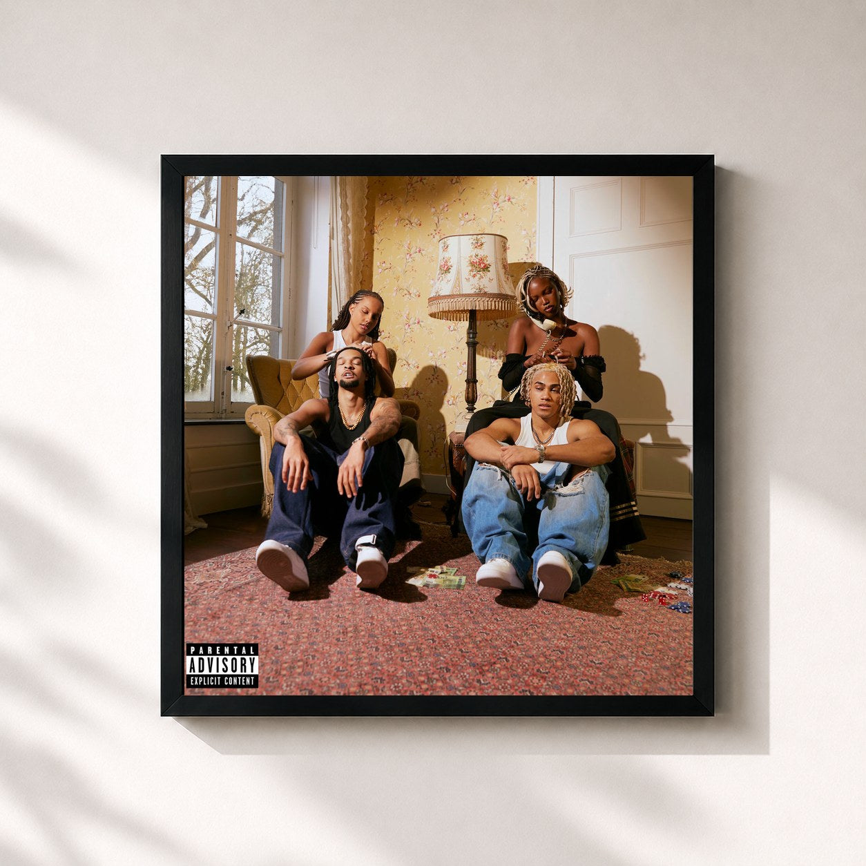 #noir Tableau carré de l'album QUITTE OU DOUBLE de Moji x Sboy, cadre noir 32x32 cm
