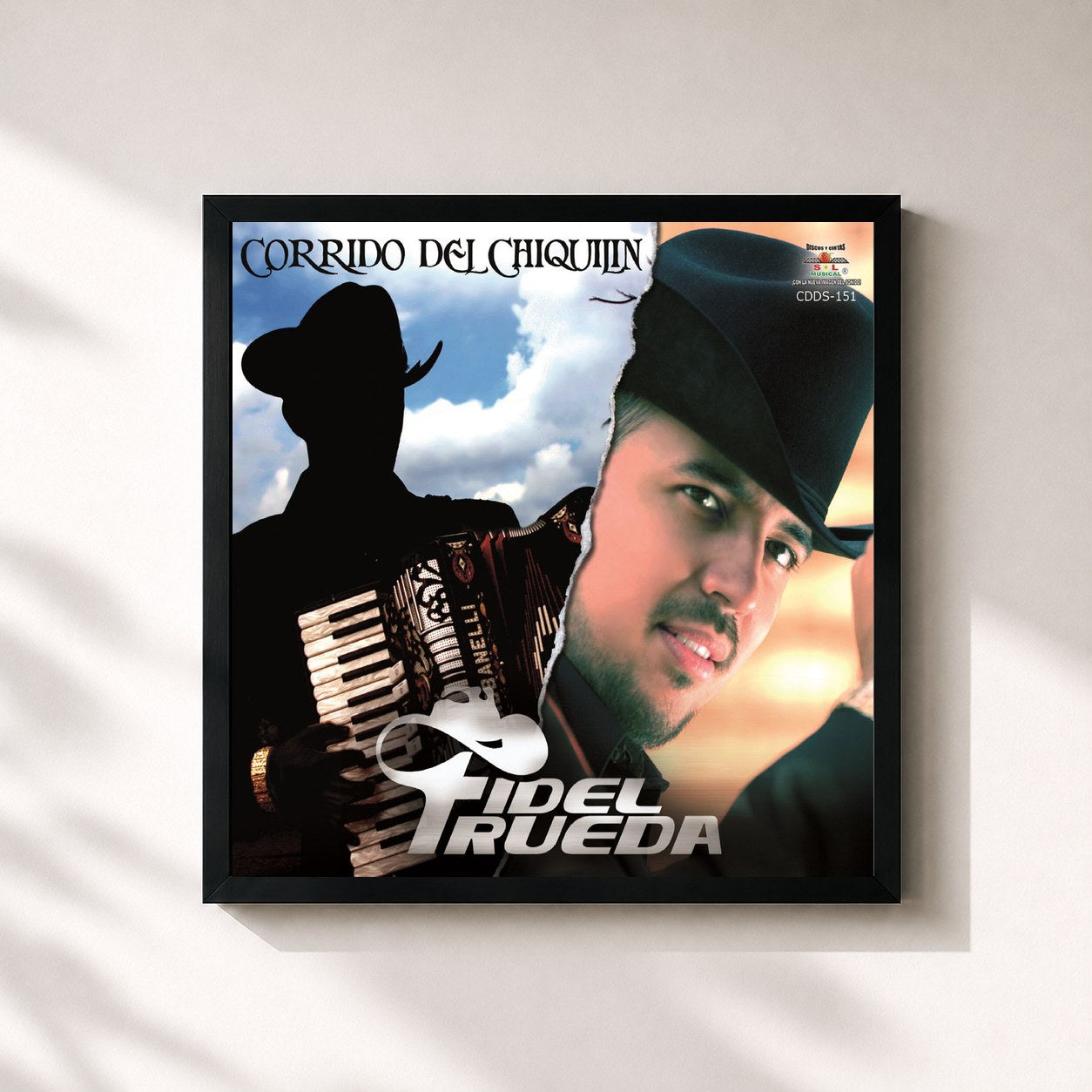 #noir Tableau carré de l'album Corrido Del Chiquilin de Fidel Rueda, cadre noir 32x32 cm