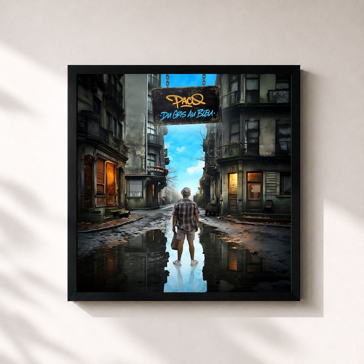 #noir Tableau carré de l'album Du gris au bleu de PACO, cadre noir 32x32 cm