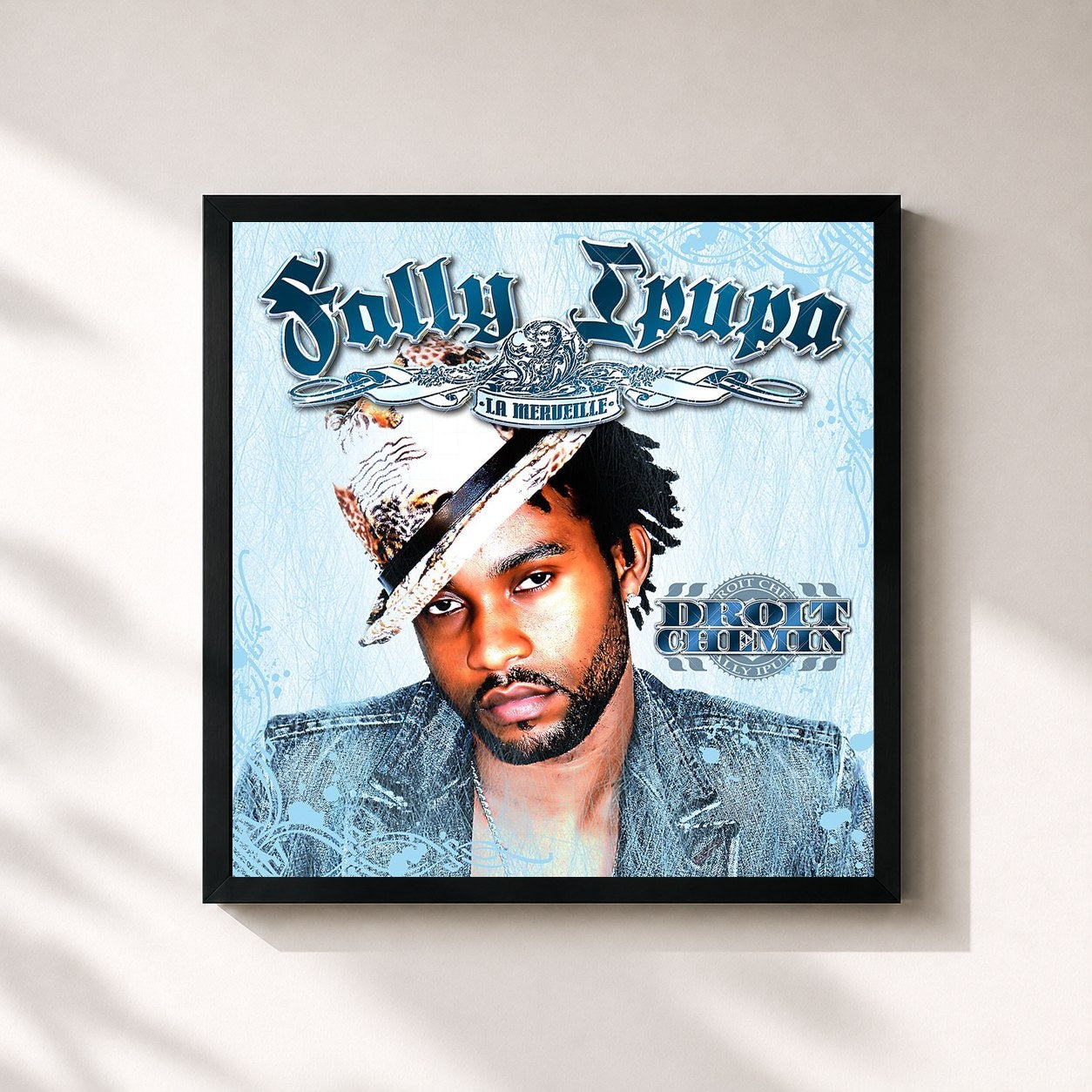 #noir Tableau carré de l'album Droit Chemin de Fally Ipupa, cadre noir 32x32 cm