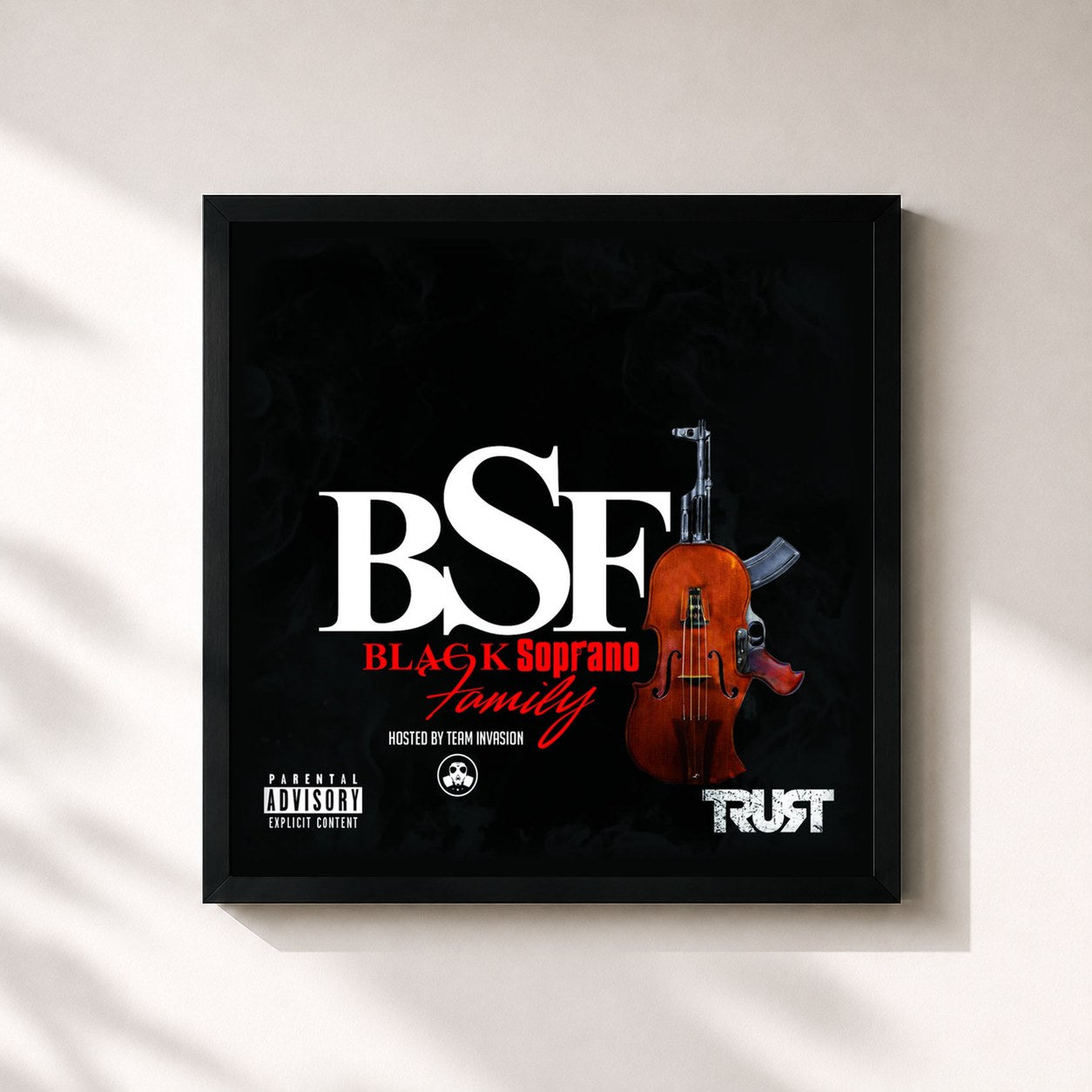 #noir Tableau carré de l'album Black Soprano Family de Benny The Butcher, cadre noir 32x32 cm