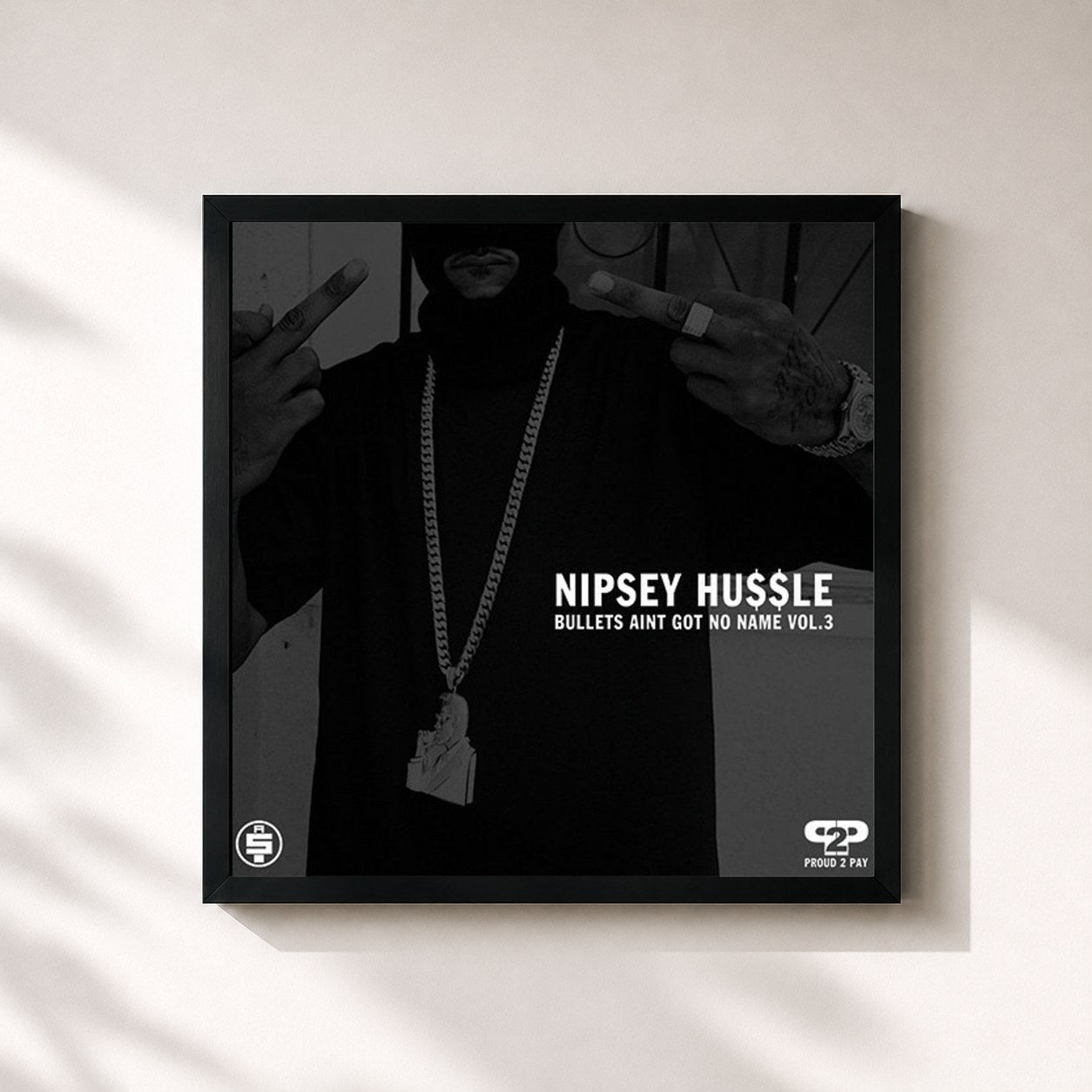 #noir Tableau carré de l'album Bullets Aint Got No Name, Vol. 3 de Nipsey Hussle, cadre noir 32x32 cm