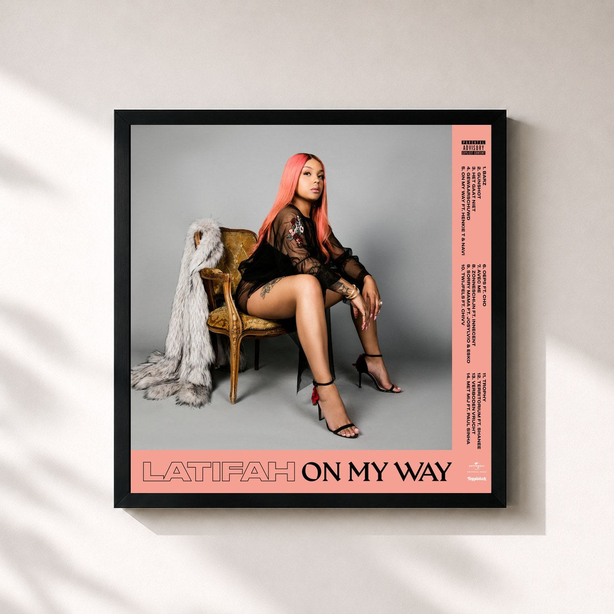#noir Tableau carré de l'album On My Way de Latifah, cadre noir 32x32 cm