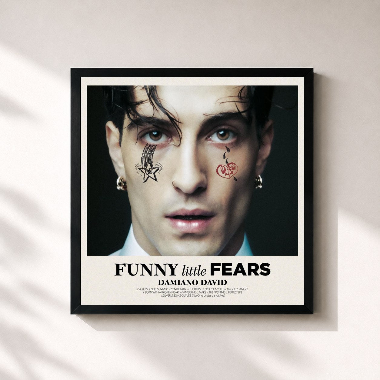 #noir Tableau carré de l'album FUNNY little FEARS de Damiano David, cadre noir 32x32 cm