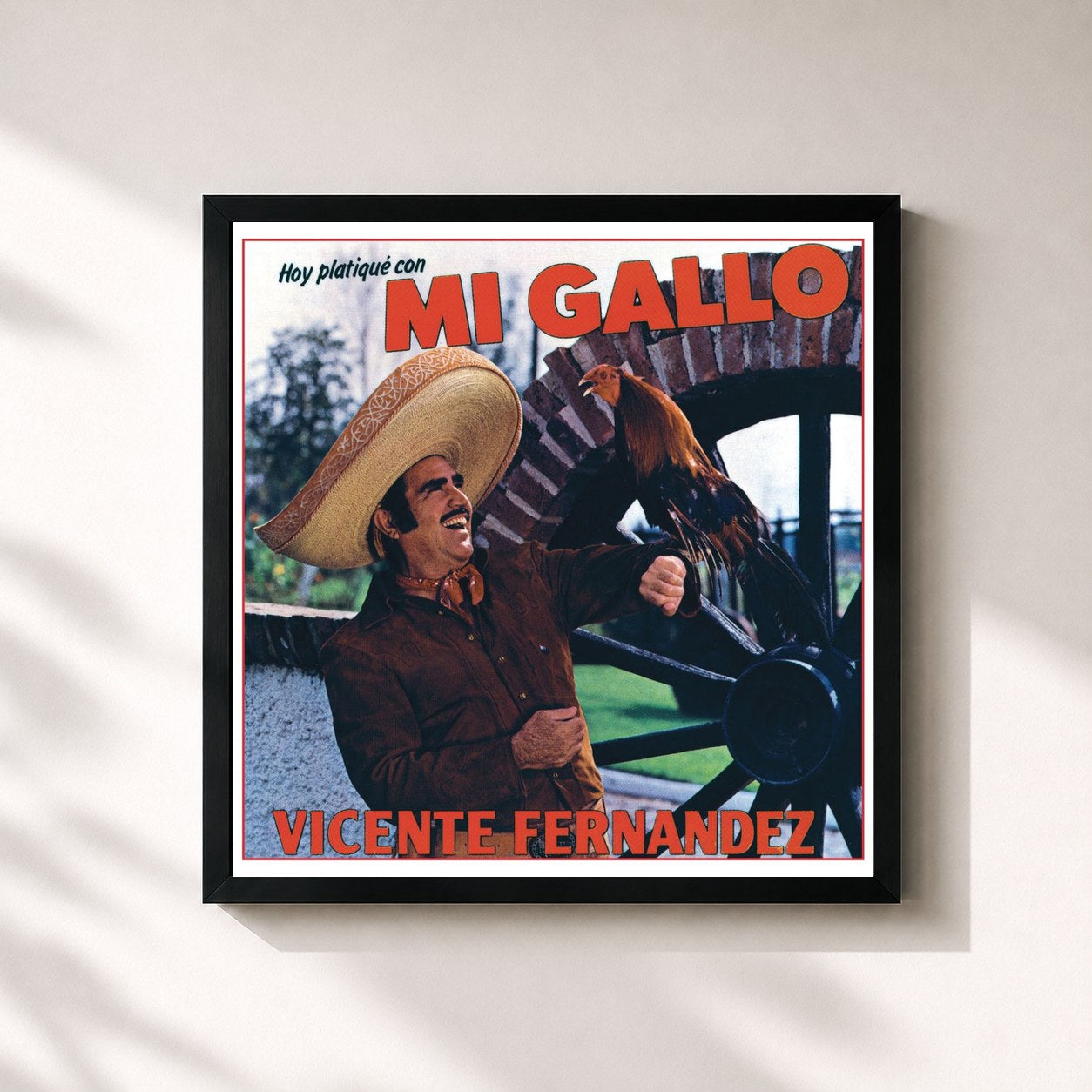 #noir Tableau carré de l'album Hoy Platique Con Mi Gallo de Vicente Fernández, cadre noir 32x32 cm