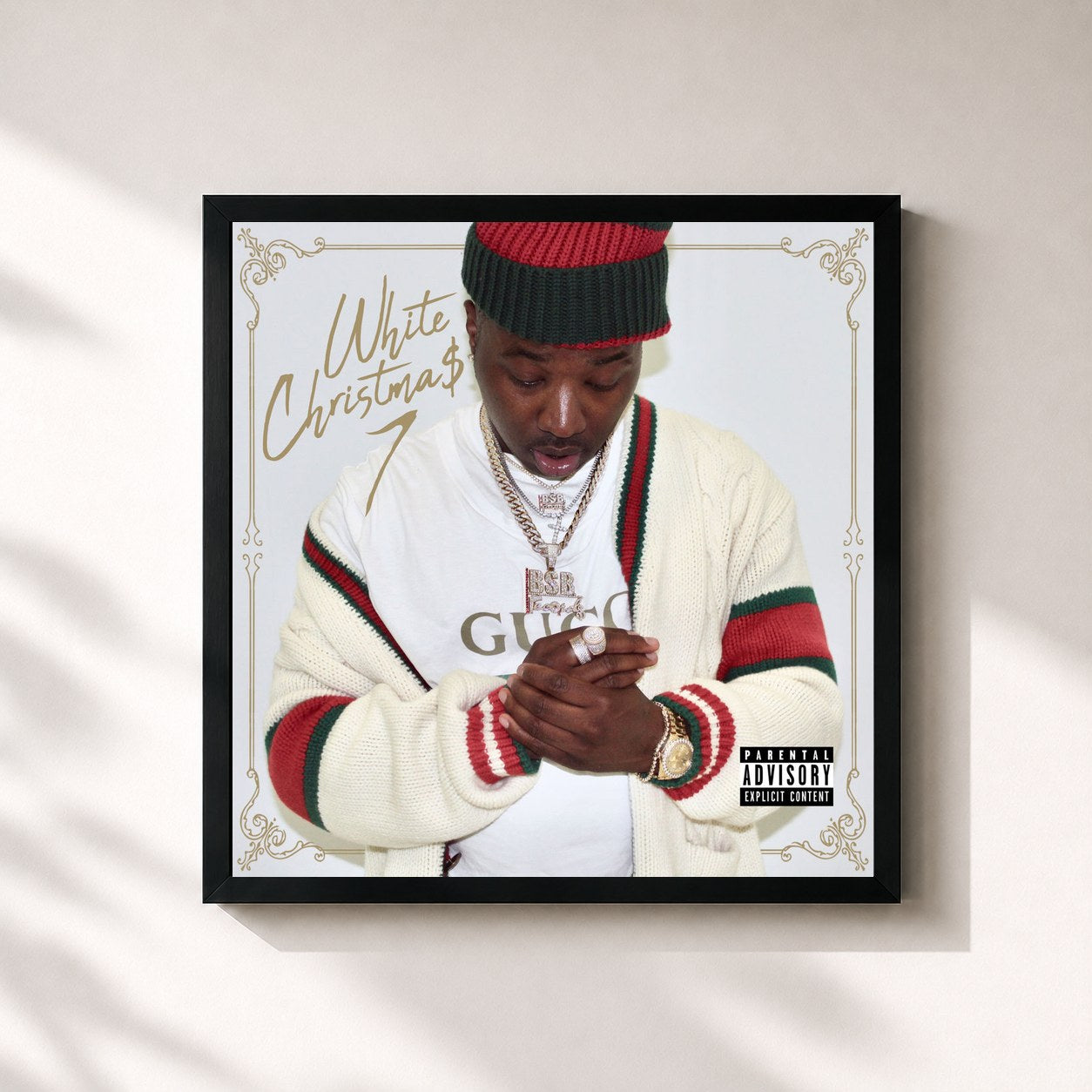 #noir Tableau carré de l'album White Christmas 7 de Troy Ave, cadre noir 32x32 cm