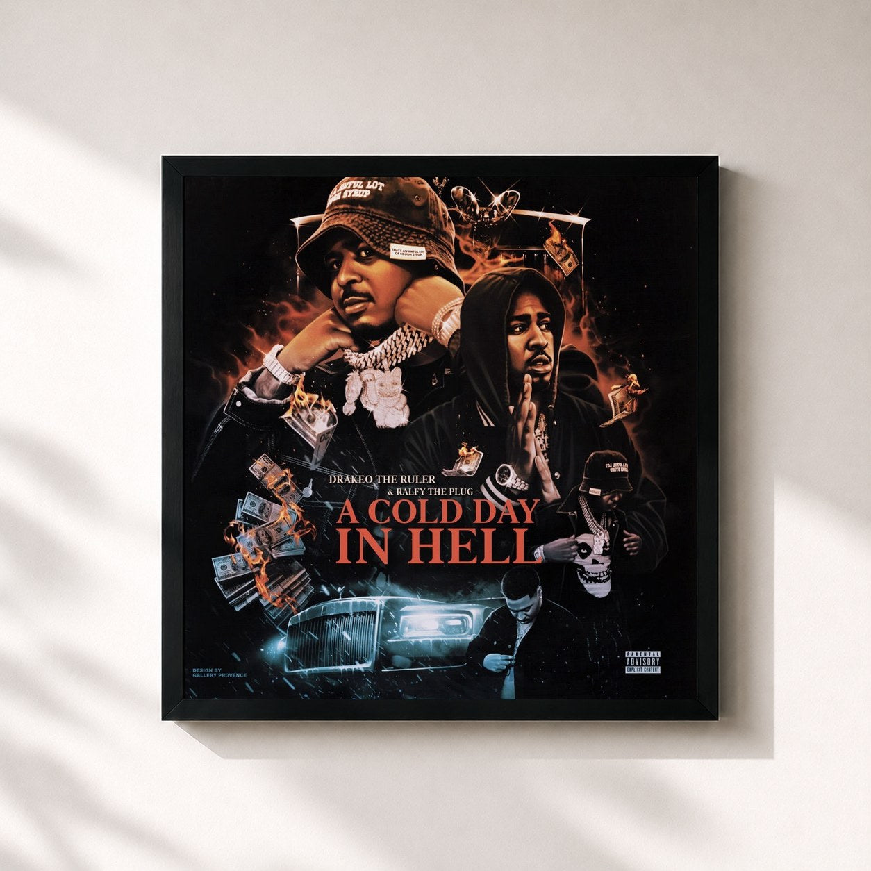 #noir Tableau carré de l'album A Cold Day In Hell de Drakeo the Ruler, cadre noir 32x32 cm