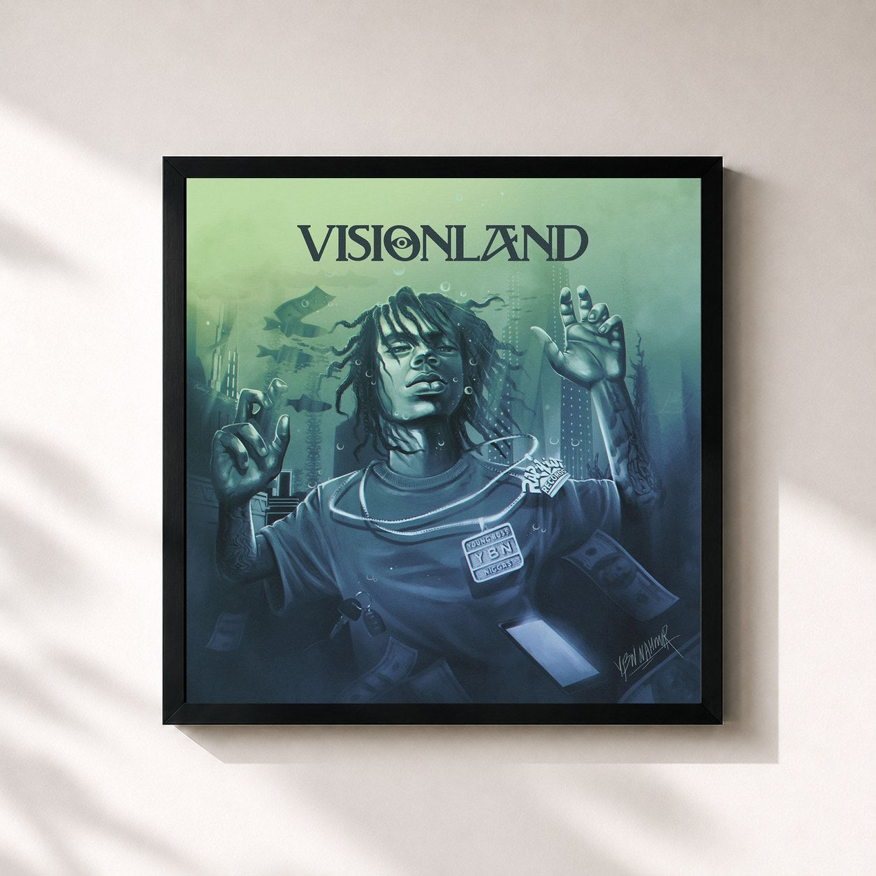 #noir Tableau carré de l'album VISIONLAND de YBN Nahmir, cadre noir 32x32 cm