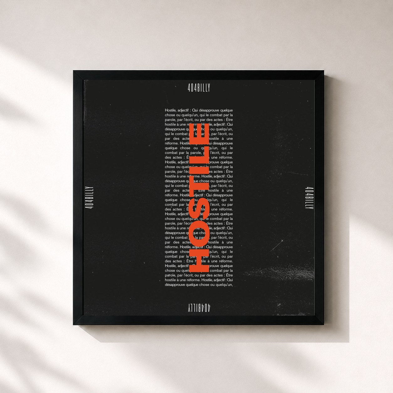 #noir Tableau carré de l'album Hostile de 404Billy, cadre noir 32x32 cm