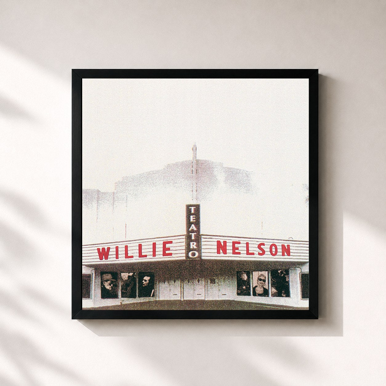 #noir Tableau carré de l'album Teatro de Willie Nelson, cadre noir 32x32 cm