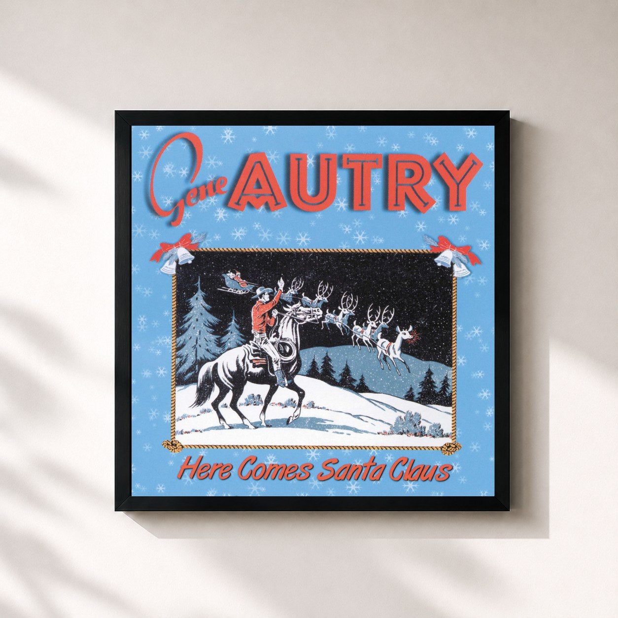 #noir Tableau carré de l'album Here Comes Santa Claus de Gene Autry, cadre noir 32x32 cm