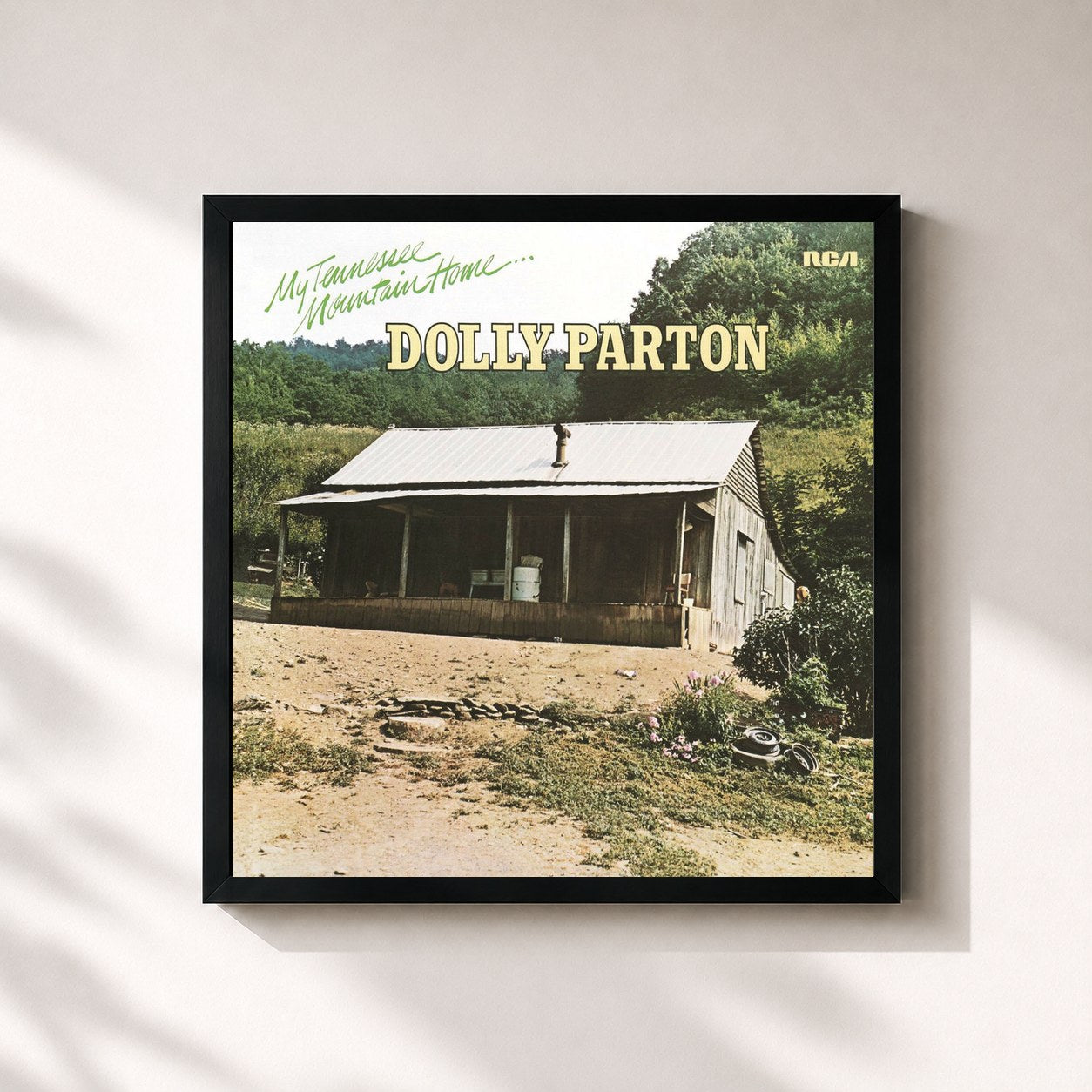 #noir Tableau carré de l'album My Tennessee Mountain Home de Dolly Parton, cadre noir 32x32 cm