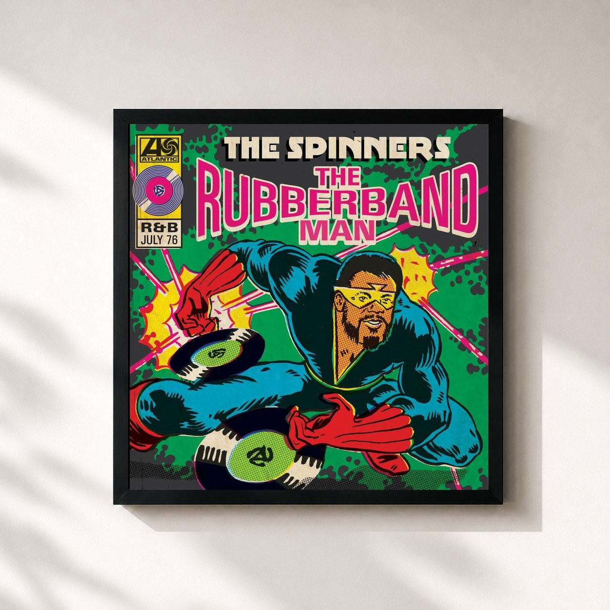 #noir Tableau carré de l'album The Rubberband Man de The Spinners, cadre noir 32x32 cm