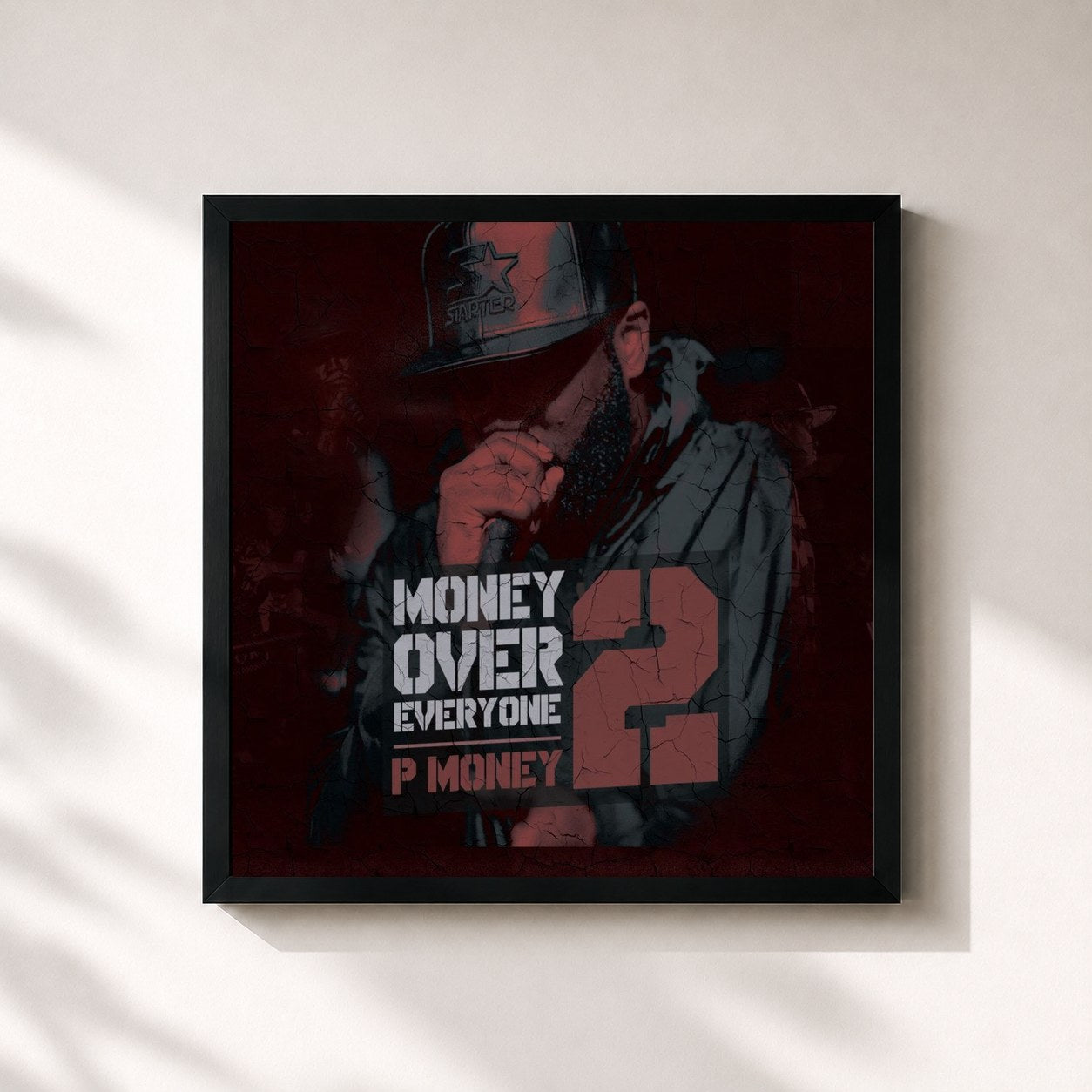 #noir Tableau carré de l'album Money Over Everyone 2 de P Money, cadre noir 32x32 cm