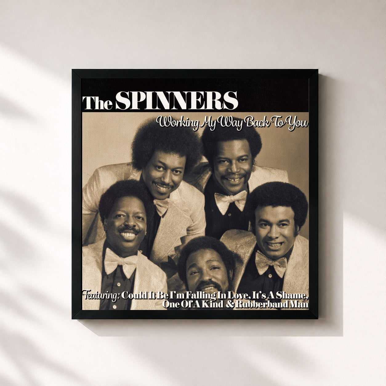 #noir Tableau carré de l'album Working My Way Back to You de The Spinners, cadre noir 32x32 cm
