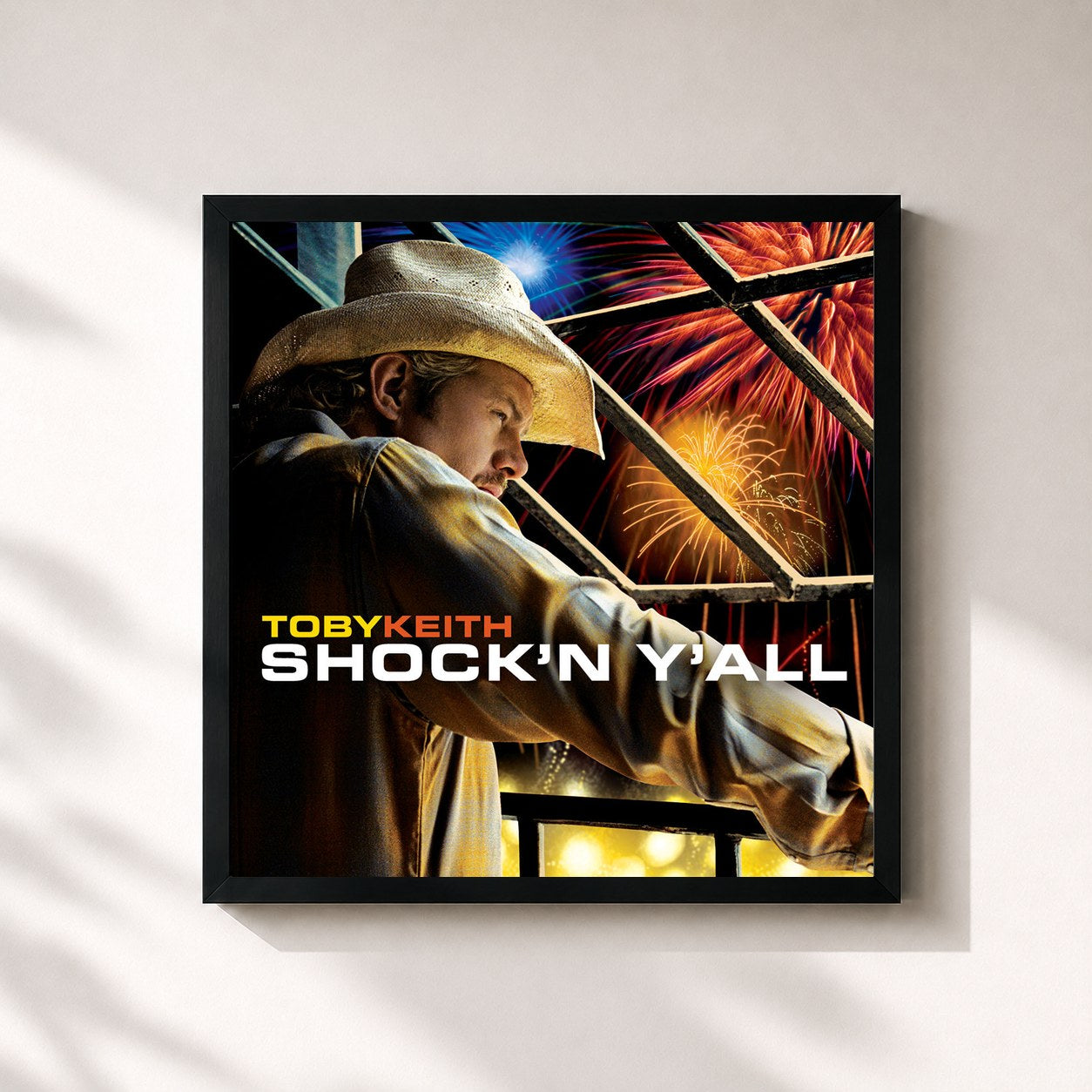 #noir Tableau carré de l'album Shock 'N Y'all de Toby Keith, cadre noir 32x32 cm
