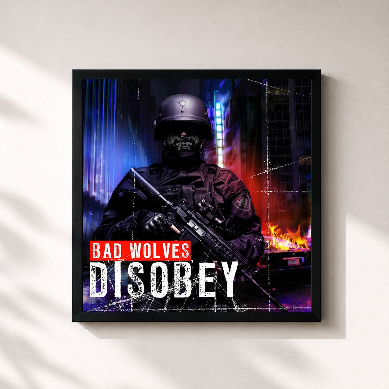 #noir Tableau carré de l'album Disobey de Bad Wolves, cadre noir 32x32 cm