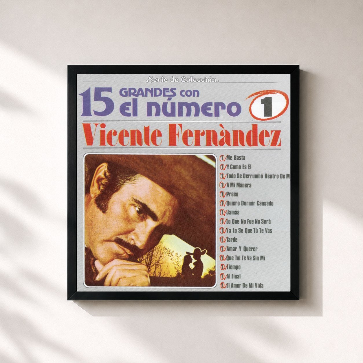 #noir Tableau carré de l'album 15 Grandes Con El Número Uno de Vicente Fernández, cadre noir 32x32 cm