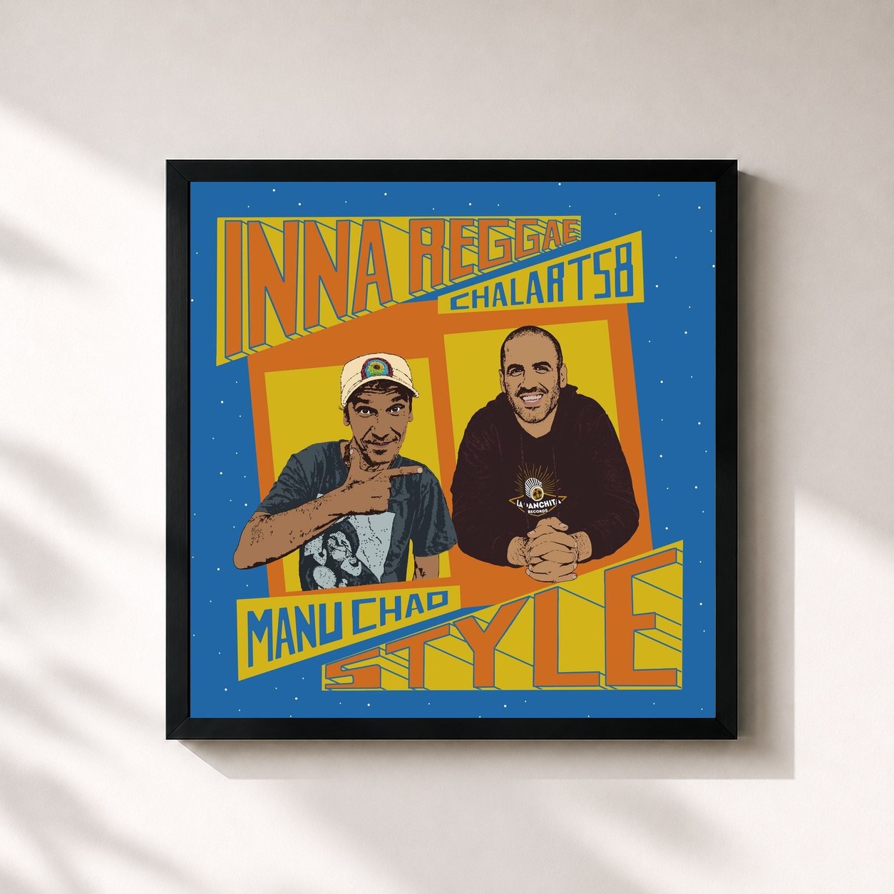#noir Tableau carré de l'album Inna Reggae Style de Manu Chao, cadre noir 32x32 cm