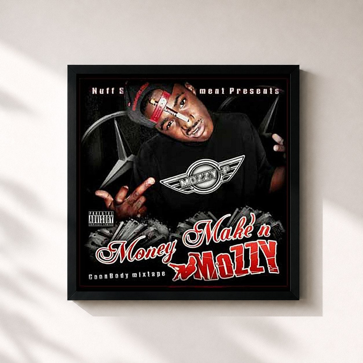 #noir Tableau carré de l'album Money Makin Mozzy de Mozzy, cadre noir 32x32 cm
