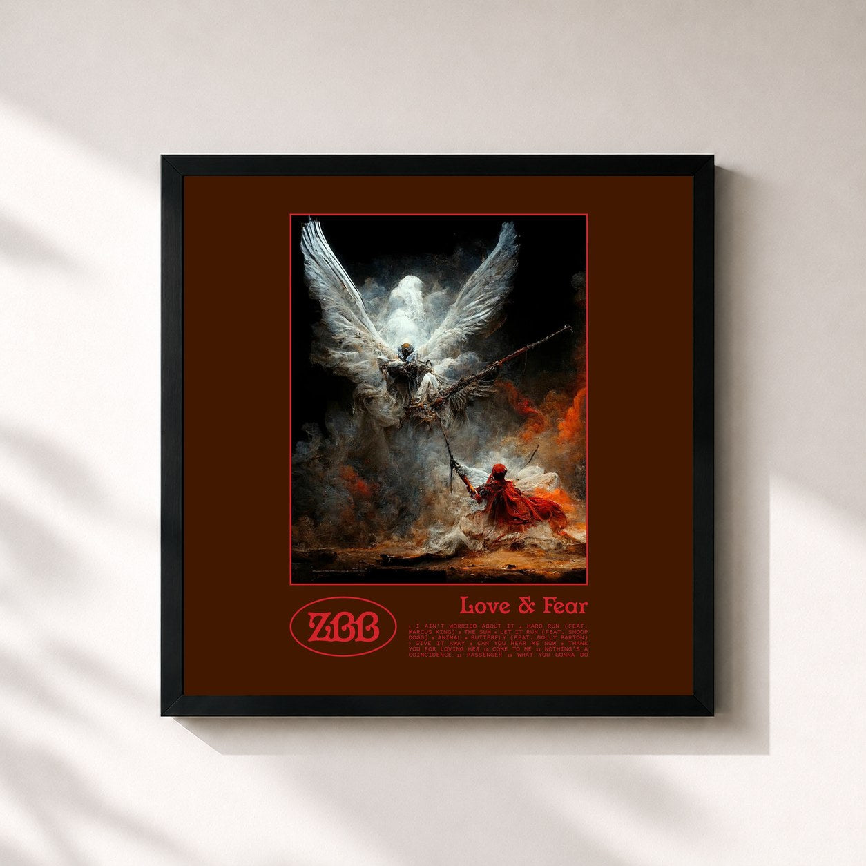 #noir Tableau carré de l'album Love & Fear de Zac Brown Band, cadre noir 32x32 cm