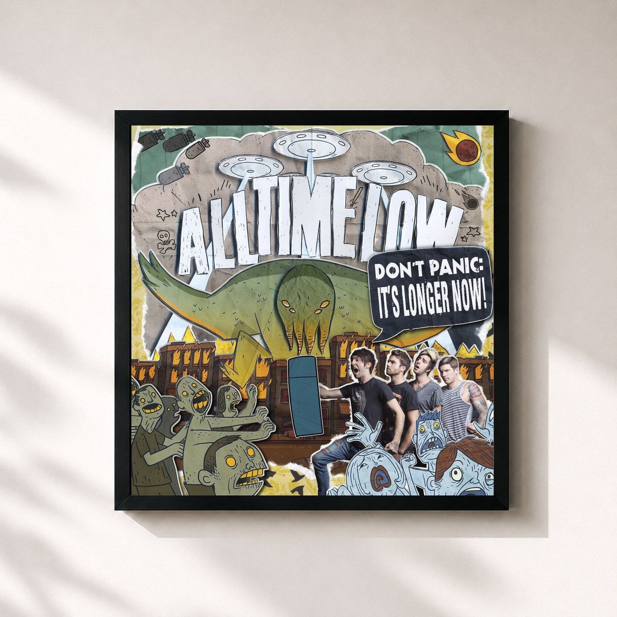 #noir Tableau carré de l'album Don't Panic: It's Longer Now! de All Time Low, cadre noir 32x32 cm