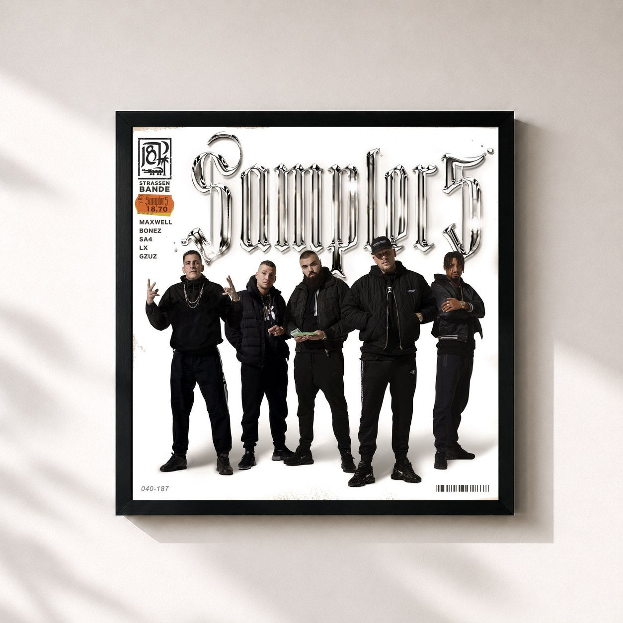 #noir Tableau carré de l'album Sampler 5 de 187 Strassenbande, cadre noir 32x32 cm