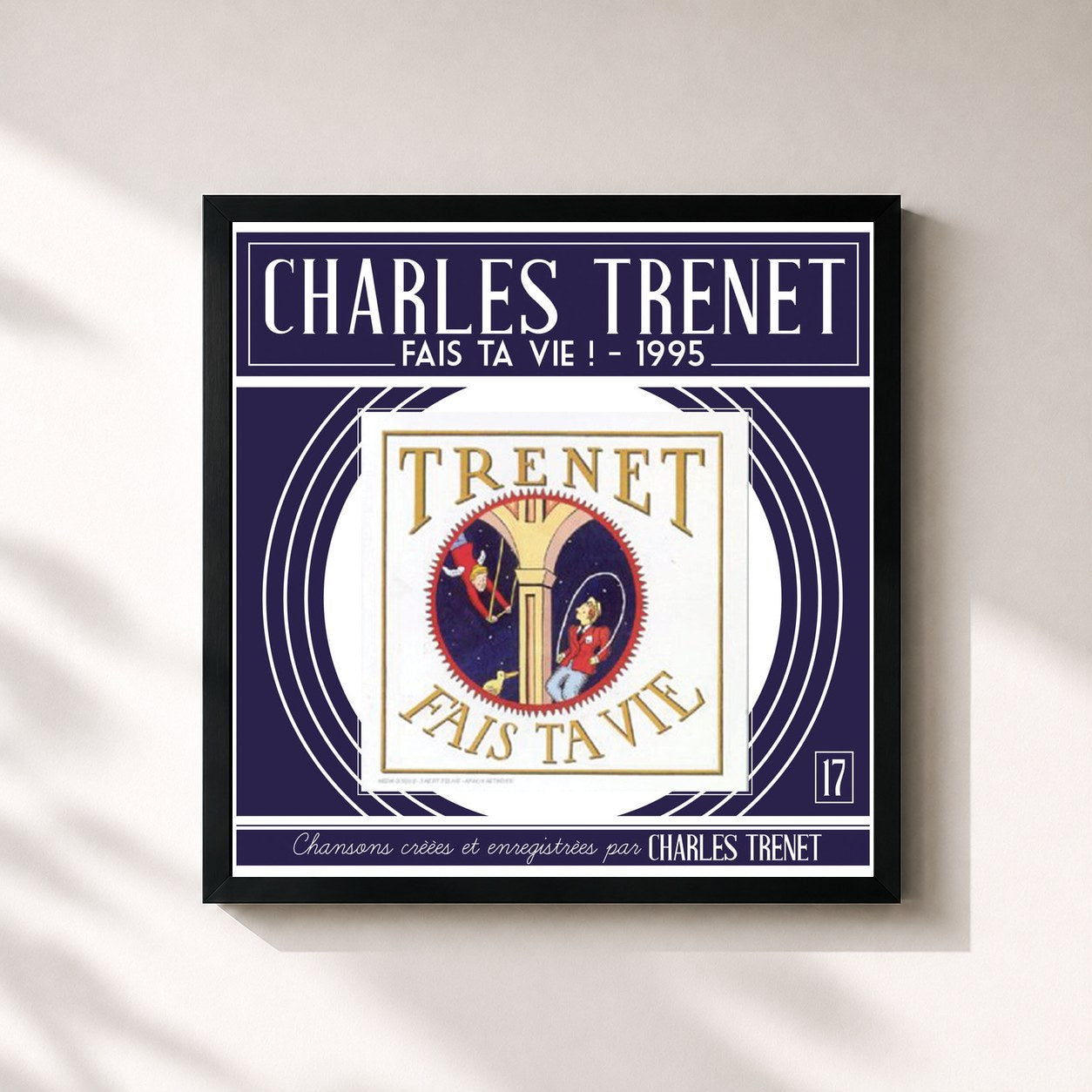 #noir Tableau carré de l'album Fais ta vie de Charles Trenet, cadre noir 32x32 cm