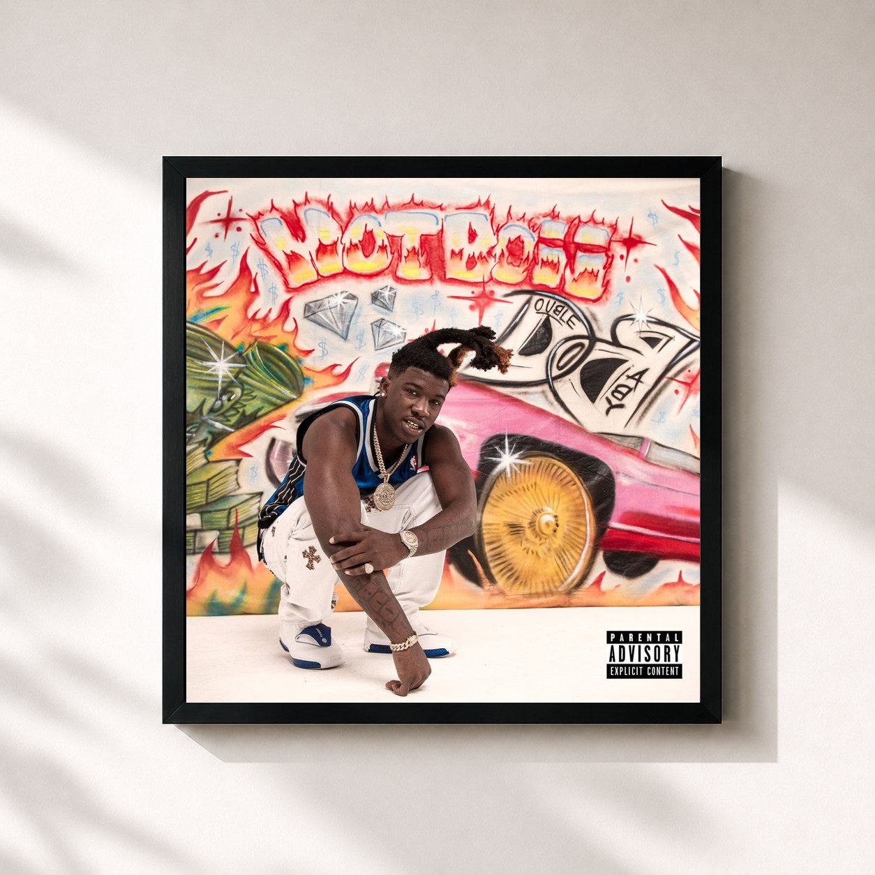 #noir Tableau carré de l'album Double O Baby de Hotboii, cadre noir 32x32 cm