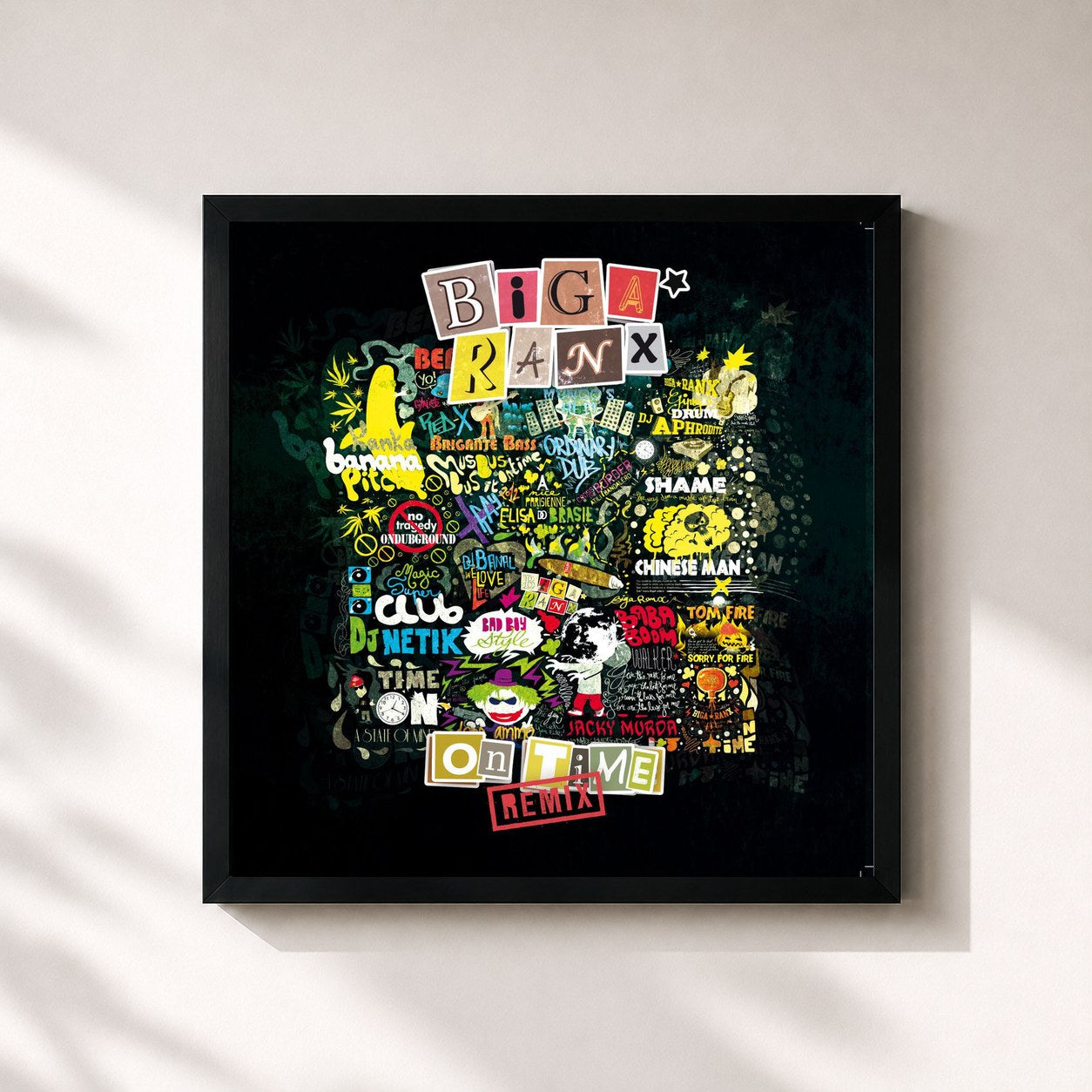 #noir Tableau carré de l'album On Time (Remix) de Biga*Ranx, cadre noir 32x32 cm